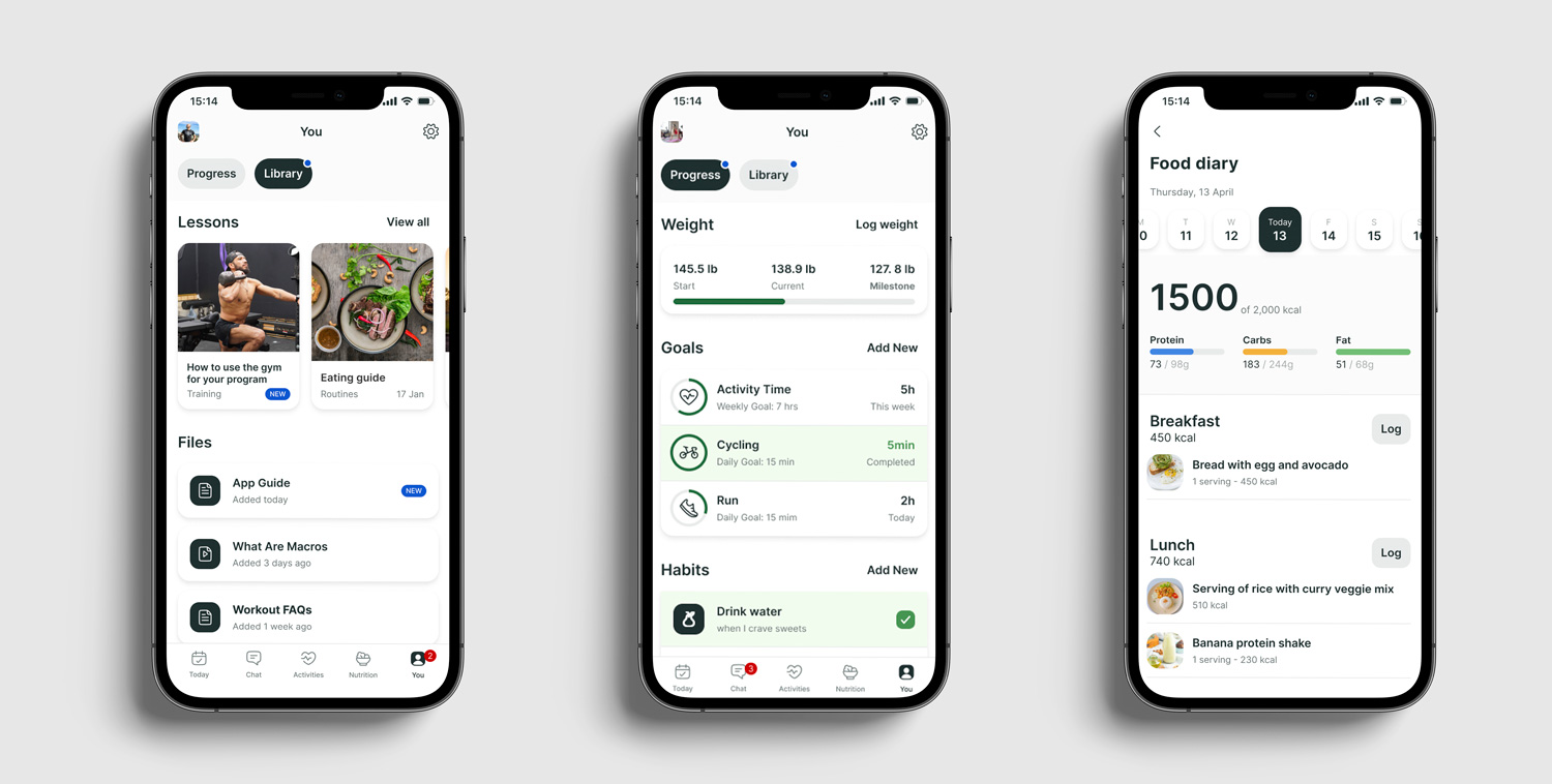 A mockup of the coaching app showcasing the different features.